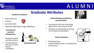 Graduate AttributesAcademic excellence
• project planning
• research
• promotion skills
• OpenText CMS; Raiser’s Edge; MailChimp
Critical thinking and effective
communication
• new tools for AR; new fundraising
approaches; new services for RO
• meetings; correspondence; writing
for the web and newsletters
Learning and
personal
development
• strong at research
and data analysis
• concentrating on
one task at a time
may be
challenging
Active citizenship
• fundraising focus
• understanding of work in a professional
environment
 