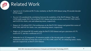 2022 25th International Conference on Computer and Information Technology (ICCIT)
Related Work
4
• Agravat et al. [1] achieved 88.1% dice similarity on BraTS 2020 dataset using 3D encoder-decoder
FCNN model.
• Xu et al. [2] considered the correlations between the modalities of the BraTS dataset. They used
LSTM multi-modal 2D U-Net on BraTS 2015 dataset and achieved dice scores of 0.7309, 0.6235,
and 0.4254 for whole, core and enhancing tumor, respectively.
• Dong et al. [3] utilized 2D U-Net architecture on the BraTS 2015 dataset and gained dice scores of
0.86, 0.86, and 0.65 for whole, core, and enhancing tumors, respectively.
• Singh et al. [4] trained RCNN model using the BraTS 2020 dataset and got a precision of 0.79,
recall of 0.72, and dice coefficient of 0.75.
• Mobarakol et al. [5] integrated a 3D attention module of the decoder paths of simple U-Net
architecture and achieved mean dice scores of 0.704, 0.898, and 0.792, for enhancing tumor, whole,
and core respectively on BraTS 2019 Dataset.
 