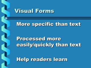 Visual FormsVisual Forms
Best practices for usingBest practices for using
visuals in technicalvisuals in technical
writingwriting
 