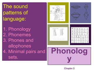 +
Phonolog
y
Chapter 5
The sound
patterns of
language:
1. Phonology
2. Phonemes
3. Phones and
allophones
4. Minimal pairs and
sets.
 