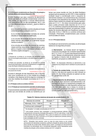 22 NBR 5410:1997
Glossário de termos técnicos
Proibidaareproduçãototalouparcial
Proibidaareproduçãototalouparcial
5.1.2.5 Proteção complementar por dispositivo de proteção a
corrente diferencial-residual (dispositivo DR)
5.1.2.5.1 Qualquer que seja o esquema de aterramento,
devem ser objeto de proteção complementar contra con-
tatos diretos por dispositivos a corrente diferencial-resi-
dual (dispositivos DR) de alta sensibilidade, isto é, com
corrente diferencial-residual nominal I∆n igual ou inferior a
30 mA:
a) os circuitos que sirvam a pontos situados em locais
contendo banheira ou chuveiro (ver 9.1);
b) os circuitos que alimentem tomadas de corrente
situadas em áreas externas à edificação;
c) os circuitos de tomadas de corrente situadas em
áreas internas que possam vir a alimentar equipa-
mentos no exterior;
d) os circuitos de tomadas de corrente de cozinhas,
copas-cozinhas, lavanderias, áreas de serviço, gara-
gens e, no geral, a todo local interno molhado em uso
normal ou sujeito a lavagens.
NOTAS
1 Excluem-se, na alínea a), os circuitos que alimentem apare-
lhos de iluminação posicionados a uma altura igual ou superior a
2,50 m.
2 Podem ser excluídas, na alínea d), as tomadas de corrente
claramente destinadas a alimentar refrigeradores e congeladores
e que não fiquem diretamente acessíveis.
3 A proteção dos circuitos pode ser realizada individualmente ou
por grupos de circuitos.
5.1.2.5.2 A utilização de tais dispositivos não é reconhe-
cida como constituindo em si uma medida de proteção
completa e não dispensa de forma alguma o emprego de
uma das medidas de proteção enunciadas em 5.1.2.1 a
5.1.2.4.
5.1.3 Proteção contra os contatos indiretos
5.1.3.1 Proteção por seccionamento automático da alimentação
O seccionamento automático da alimentação destina-se a
evitar que uma tensão de contato se mantenha por um
tempo que possa resultar em risco de efeito fisiológico
perigoso para as pessoas (ver IEC 479-1). Esta medida de
proteção requer a coordenação entre o esquema de
aterramento adotado e as características dos condutores
de proteção e dos dispositivos de proteção. Os princípios
básicos desta medida de proteção são aqueles apresen-
tados em 5.1.3.1.1. Os meios convencionais para satis-
fazer a estes princípios estão descritos em 5.1.3.1.4 a
5.1.3.1.6, conforme o esquema de aterramento. As prescri-
ções aqui apresentadas se aplicam, em particular, a insta-
lações de corrente alternada com freqüência compreen-
dida entre 15 Hz e 1 000 Hz e a corrente contínua sem
ondulação. Prescrições complementares para corrente
contínua estão em estudo.
5.1.3.1.1 Princípios básicos
A proteção por seccionamento automático da alimentação
baseia-se nos seguintes princípios:
a) Aterramento - as massas devem ser ligadas a
condutores de proteção nas condições especificadas
de 5.1.3.1.4 a 5.1.3.1.6 para cada esquema de aterra-
mento. Massas simultaneamente acessíveis devem
ser ligadas à mesma rede de aterramento - indivi-
dualmente, por grupos ou coletivamente.
NOTA - As disposições referentes ao aterramento e aos
condutores de proteção devem satisfazer às prescrições de
6.4.
b) Tensão de contato limite - a tensão de contato li-
mite (UL) não deve ser superior ao valor indicado na
tabela 19. Aos limites indicados se aplicam as tole-
râncias definidas na IEC 38.
c) Seccionamento da alimentação - um dispositivo
de proteção deve seccionar automaticamente a ali-
mentação do circuito ou equipamento protegido con-
tra contatos indiretos por este dispositivo sempre que
uma falta entre parte viva e massa no circuito ou
equipamento considerado der origem a uma tensão de
contato superior ao valor apropriado de UL.
Tabela 19 - Valores máximos da tensão de contato limite UL
(V)
Natureza da corrente Situação 11)
Situação 21)
Alternada, 15 Hz - 1 000 Hz 50 25
Contínua sem ondulação2)
120 60
1)
As situações 1 e 2 estão conceituadas em 5.8.1.3.1.
2)
Uma tensão contínua “sem ondulação” é convencionalmente definida como
apresentando uma taxa de ondulação não superior a 10% em valor eficaz; o valor de
crista máximo não deve ultrapassar 140 V, para um sistema em corrente contínua
sem ondulação com 120 V nominais, ou 70 V para um sistema em corrente contínua
sem ondulação com 60 V nominais.
NOTA - Situações mais severas, como no caso de corpo imerso ou em contato
permanente com elementos condutores, justificam a fixação de valores ainda menores
para a tensão de contato limite. Nesses casos, porém, a proteção por seccionamento
automático da alimentação não é considerada adequada, sendo necessárias outras
medidas de proteção contra contatos indiretos (ver 5.8.1 e seção 9).
(comentário 5.1.2.5.0.G)
(comentário 5.1.2.5.1.G)
(comentário 5.1.2.5.2.G)
(comentário 5.1.3.1.0.G)
(comentário 5.1.3.1.1.G)
 
