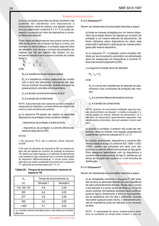 24 NBR 5410:1997
Glossário de termos técnicos
Proibidaareproduçãototalouparcial
Proibidaareproduçãototalouparcial
5.1.3.1.5 Esquema TT
Devem ser obedecidas as prescrições descritas a seguir:
a) todas as massas protegidas por um mesmo dispo-
sitivo de proteção devem ser ligadas por condutor de
proteção a um mesmo eletrodo de aterramento. Se
forem utilizados vários dispositivos em série, esta
prescrição é aplicável a cada grupo de massas prote-
gidas pelo mesmo dispositivo;
b) no esquema TT, a proteção contra contatos indi-
retos por seccionamento automático da alimentação
deve ser assegurada por dispositivos a corrente di-
ferencial-residual (dispositivos DR);
c) a seguinte condição deve ser atendida:
RA
. I∆n
≤ UL
onde:
RA
é a soma das resistências do eletrodo de ater-
ramento e dos condutores de proteção das mas-
sas;
I∆n
é a corrente diferencial-residual nominal;
UL
é a tensão de contato limite.
NOTA - Quando, em uma mesma instalação, algumas mas-
sas se encontrarem na situação 1 e outras na situação 2, e
ambas ligadas ao mesmo eletrodo de aterramento, ou a
eletrodos de aterramento aparentemente separados mas
eletricamente confundidos, deve ser adotado o menor valor
de UL.
d) quando a condição c) anterior não puder ser res-
peitada, deve-se realizar uma ligação eqüipotencial
suplementar, conforme indicado em 5.1.3.1.7;
e) visando seletividade, dispositivos a corrente dife-
rencial-residual do tipo S conforme IEC 1008-1 e IEC
1009-1 podem ser utilizados em série com dis-
positivos a corrente diferencial-residual do tipo geral.
Para assegurar seletividade com os dispositivos a
corrente diferencial-residual do tipo S, admite-se um
tempo de atuação não superior a 1 s em circuitos de
distribuição.
5.1.3.1.6 Esquema IT
Devem ser obedecidas as prescrições descritas a seguir:
a) as instalações conforme o esquema IT são isola-
das da terra ou aterradas através de uma impedância
de valor suficientemente elevado. Neste caso, o ponto
a ser aterrado é o ponto neutro da fonte ou um ponto
neutro artificial. Na hipótese de ponto neutro artificial,
pode-se ligá-lo diretamente à terra se sua impedân-
cia de seqüência zero for alta o suficiente. Quando
não existir qualquer ponto neutro, o aterramento atra-
vés de impedância pode ser aplicado a um condutor
de fase;
NOTA - A necessidade de reduzir sobretensões e amor-
tecer as oscilações de tensão pode conduzir a uma ins-
e) se as condições prescritas na alínea d) anterior não
puderem ser satisfeitas com dispositivos a
sobrecorrente, deve-se realizar uma ligação eqüipo-
tencial suplementar conforme 5.1.3.1.7 ou então as-
segurar a proteção por meio de dispositivos a corren-
te diferencial-residual;
f) nos casos excepcionais em que possa ocorrer uma
falta direta entre um condutor de fase e a terra, por
exemplo em linhas aéreas, a condição seguinte deve
ser atendida, a fim de que o condutor de proteção e as
massas que lhe são ligadas não atinjam um po-
tencial em relação à terra superior à tensão de contato
limite UL:
onde:
RB é a resistência de aterramento global;
RE é a resistência mínima presumida de contato
com a terra dos elementos condutores não liga-
dos ao condutor de proteção, através dos quais se
possa produzir uma falta entre fase e terra;
Uo é a tensão nominal entre fase e terra; e
UL é a tensão de contato limite.
NOTA - Essa prescrição não é aplicável quando a proteção é
assegurada por dispositivo a corrente diferencial-residual nem
cobre as redes de distribuição públicas.
g) no esquema TN podem ser usados os seguintes
dispositivos na proteção contra contatos indiretos:
- dispositivos de proteção a sobrecorrente;
- dispositivos de proteção a corrente diferencial-
residual (dispositivos DR).
NOTAS
1 No esquema TN-C não é possível utilizar dispositi-
vos DR.
2 No caso da utilização de dispositivos DR, as massas po-
dem não ser ligadas ao condutor de proteção do esquema
TN, desde que sejam ligadas a um eletrodo de aterramento
cuja resistência seja compatível com a corrente de atuação
do dispositivo diferencial-residual. O circuito assim prote-
gido deve ser então considerado de acordo com o esquema
TT, aplicando-se as prescrições de 5.1.3.1.5.
Tabela 20 - Tempos de seccionamento máximos no
esquema TN
Uo Tempo de seccionamento (s)
(V) Situação 1 Situação 2
115, 120, 127 0,8 0,35
220 0,4 0,20
277 0,4 0,20
400 0,2 0,05
> 400 0,1 0,02
Uo = tensão nominal entre fase e terra, valor eficaz em corrente
alternada
(comentário 5.1.3.1.4.G)
(comentário 5.1.3.1.5.G)
 