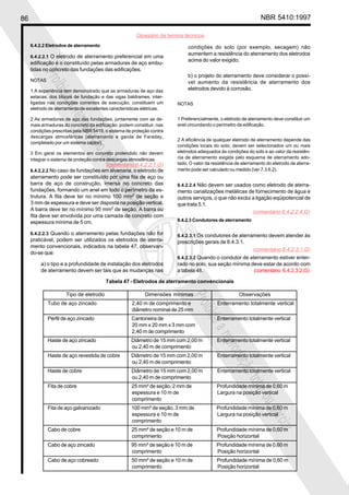 86 NBR 5410:1997
Glossário de termos técnicos
Proibidaareproduçãototalouparcial
Proibidaareproduçãototalouparcial
6.4.2.2 Eletrodos de aterramento
6.4.2.2.1 O eletrodo de aterramento preferencial em uma
edificação é o constituído pelas armaduras de aço embu-
tidas no concreto das fundações das edificações.
NOTAS
1 A experiência tem demonstrado que as armaduras de aço das
estacas, dos blocos de fundação e das vigas baldrames, inter-
ligadas nas condições correntes de execução, constituem um
eletrodo de aterramento de excelentes características elétricas.
2 As armaduras de aço das fundações, juntamente com as de-
mais armaduras do concreto da edificação, podem constituir, nas
condições prescritas pela NBR 5419, o sistema de proteção contra
descargas atmosféricas (aterramento e gaiola de Faraday,
completado por um sistema captor).
3 Em geral os elementos em concreto protendido não devem
integrar o sistema de proteção contra descargas atmosféricas.
6.4.2.2.2 No caso de fundações em alvenaria, o eletrodo de
aterramento pode ser constituído por uma fita de aço ou
barra de aço de construção, imersa no concreto das
fundações, formando um anel em todo o perímetro da es-
trutura. A fita deve ter no mínimo 100 mm2
de seção e
3 mm de espessura e deve ser disposta na posição vertical.
A barra deve ter no mínimo 95 mm2
de seção. A barra ou
fita deve ser envolvida por uma camada de concreto com
espessura mínima de 5 cm.
6.4.2.2.3 Quando o aterramento pelas fundações não for
praticável, podem ser utilizados os eletrodos de aterra-
mento convencionais, indicados na tabela 47, observan-
do-se que:
a) o tipo e a profundidade de instalação dos eletrodos
de aterramento devem ser tais que as mudanças nas
condições do solo (por exemplo, secagem) não
aumentem a resistência do aterramento dos eletrodos
acima do valor exigido;
b) o projeto do aterramento deve considerar o possí-
vel aumento da resistência de aterramento dos
eletrodos devido à corrosão.
NOTAS
1 Preferencialmente, o eletrodo de aterramento deve constituir um
anel circundando o perímetro da edificação.
2 A eficiência de qualquer eletrodo de aterramento depende das
condições locais do solo; devem ser selecionados um ou mais
eletrodos adequados às condições do solo e ao valor da resistên-
cia de aterramento exigida pelo esquema de aterramento ado-
tado. O valor da resistência de aterramento do eletrodo de aterra-
mento pode ser calculado ou medido (ver 7.3.6.2).
6.4.2.2.4 Não devem ser usados como eletrodo de aterra-
mento canalizações metálicas de fornecimento de água e
outros serviços, o que não exclui a ligação eqüipotencial de
que trata 5.1.
6.4.2.3 Condutores de aterramento
6.4.2.3.1 Os condutores de aterramento devem atender às
prescrições gerais de 6.4.3.1.
6.4.2.3.2 Quando o condutor de aterramento estiver enter-
rado no solo, sua seção mínima deve estar de acordo com
a tabela 48. (comentário 6.4.2.3.2.G)
Tabela 47 - Eletrodos de aterramento convencionais
Tipo de eletrodo Dimensões mínimas Observações
Tubo de aço zincado 2,40 m de comprimento e Enterramento totalmente vertical
diâmetro nominal de 25 mm
Perfil de aço zincado Cantoneira de Enterramento totalmente vertical
20 mm x 20 mm x 3 mm com
2,40 m de comprimento
Haste de aço zincado Diâmetro de 15 mm com 2,00 m Enterramento totalmente vertical
ou 2,40 m de comprimento
Haste de aço revestida de cobre Diâmetro de 15 mm com 2,00 m Enterramento totalmente vertical
ou 2,40 m de comprimento
Haste de cobre Diâmetro de 15 mm com 2,00 m Enterramento totalmente vertical
ou 2,40 m de comprimento
Fita de cobre 25 mm² de seção, 2 mm de Profundidade mínima de 0,60 m
espessura e 10 m de Largura na posição vertical
comprimento
Fita de aço galvanizado 100 mm² de seção, 3 mm de Profundidade mínima de 0,60 m
espessura e 10 m de Largura na posição vertical
comprimento
Cabo de cobre 25 mm² de seção e 10 m de Profundidade mínima de 0,60 m
comprimento Posição horizontal
Cabo de aço zincado 95 mm² de seção e 10 m de Profundidade mínima de 0,60 m
comprimento Posição horizontal
Cabo de aço cobreado 50 mm² de seção e 10 m de Profundidade mínima de 0,60 m
comprimento Posição horizontal
(comentário 6.4.2.2.1.G)
(comentário 6.4.2.2.4.G)
(comentário 6.4.2.3.1.G)
 