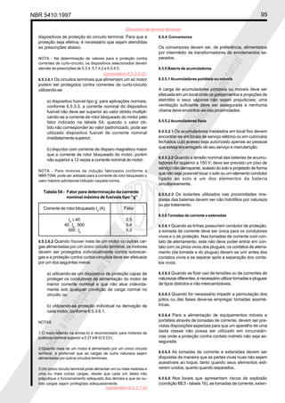 NBR 5410:1997 95
Glossário de termos técnicos
Proibidaareproduçãototalouparcial
Proibidaareproduçãototalouparcial
dispositivos de proteção do circuito terminal. Para que a
proteção seja efetiva, é necessário que sejam atendidas
as prescrições abaixo.
NOTA - Na determinação de valores para a proteção contra
correntes de curto-circuito, os dispositivos selecionados devem
atender às prescrições de 5.3.4, 5.7.4.2 e 6.3.4.3.
6.5.3.6.1 Os circuitos terminais que alimentam um só motor
podem ser protegidos contra correntes de curto-circuito
utilizando-se:
a) dispositivo fusível tipo g: para aplicações normais,
conforme 6.5.3.3, a corrente nominal do dispositivo
fusível não deve ser superior ao valor obtido multipli-
cando-se a corrente de rotor bloqueado do motor pelo
fator indicado na tabela 54; quando o valor ob-
tido não corresponder ao valor padronizado, pode ser
utilizado dispositivo fusível de corrente nominal
imediatamente superior;
b) disjuntor com corrente de disparo magnético maior
que a corrente de rotor bloqueado do motor, porém
não superior a 12 vezes a corrente nominal do motor.
NOTA - Para motores de indução fabricados conforme a
NBR 7094, pode ser adotado para a corrente de rotor bloqueado o
valor máximo admissível indicado naquela norma.
Tabela 54 - Fator para determinação da corrente
nominal máxima de fusíveis tipo “g”
Corrente de rotor bloqueado lp
(A) Fator
lp
≤ 40 0,5
40 . lp
. 500 0,4
500 . lp
0,3
6.5.3.6.2 Quando houver mais de um motor ou outras car-
gas alimentadas por um único circuito terminal, os motores
devem ser protegidos individualmente contra sobrecar-
gas e a proteção contra curtos-circuitos deve ser efetuada
por um dos seguintes meios:
a) utilizando-se um dispositivo de proteção capaz de
proteger os condutores de alimentação do motor de
menor corrente nominal e que não atue indevida-
mente sob qualquer condição de carga normal no
circuito; ou
b) utilizando-se proteção individual na derivação de
cada motor, conforme 6.5.3.6.1.
NOTAS
1 O meio referido na alínea b) é recomendado para motores de
potência nominal superior a 0,37 kW (0,5 CV).
2 Quando mais de um motor é alimentado por um único circuito
terminal, é preferível que as cargas de outra natureza sejam
alimentadas por outros circuitos terminais.
3 Um único circuito terminal pode alimentar um ou mais motores e
uma ou mais outras cargas, desde que cada um deles não
prejudique o funcionamento adequado dos demais e que as ou-
tras cargas sejam protegidas adequadamente.
6.5.4 Conversores
Os conversores devem ser, de preferência, alimentados
por intermédio de transformadores de enrolamentos se-
parados.
6.5.5 Bateria de acumuladores
6.5.5.1 Acumuladores portáteis ou móveis
A carga de acumuladores portáteis ou móveis deve ser
efetuada em um local onde os gotejamentos e projeções de
eletrólito e seus vapores não sejam prejudiciais; uma
ventilação suficiente deve ser assegurada e nenhuma
chama deve encontrar-se nas proximidades.
6.5.5.2 Acumuladores fixos
6.5.5.2.1 Os acumuladores instalados em local fixo devem
encontrar-se em locais de serviço elétrico ou em cubículos
fechados cujo acesso seja autorizado apenas ao pessoal
que esteja encarregado de seu serviço e manutenção.
6.5.5.2.2 Quando a tensão nominal das baterias de acumu-
ladores for superior a 150 V, deve ser previsto um piso de
serviço não derrapante, isolado do solo e projetado de forma
que não seja possível tocar o solo ou um elemento condutor
ligado ao solo e um dos elementos da bateria
simultaneamente.
6.5.5.2.3 Os isolantes utilizados nas proximidades ime-
diatas das baterias devem ser não hidrófilos por natureza
ou por tratamento.
6.5.6 Tomadas de corrente e extensões
6.5.6.1 Quando as linhas possuírem condutor de proteção,
a tomada de corrente deve ser única para os condutores
vivos e o de proteção. Nas tomadas de corrente com con-
tato de aterramento, este não deve poder entrar em con-
tato com os pinos vivos dos plugues; os contatos de aterra-
mento (da tomada e do plugue) devem se unir antes dos
contatos vivos e se separar após a separação dos conta-
tos vivos.
6.5.6.2 Quando se fizer uso de tensões ou de correntes de
naturezas diferentes, é necessário utilizar tomadas e plugues
de tipos distintos e não intercambiáveis.
6.5.6.3 Quando for necessário impedir a permutação dos
pólos ou das fases deve-se empregar tomadas assimé-
tricas.
6.5.6.4 Para a alimentação de equipamentos móveis e
portáteis através de tomadas de corrente, devem ser pre-
vistas disposições especiais para que um aparelho de uma
dada classe não possa ser utilizado em circunstân-
cias onde a proteção contra contato indireto não seja as-
segurada.
6.5.6.5 As tomadas de corrente e extensões devem ser
dispostas de maneira que as partes vivas nuas não sejam
acessíveis ao toque, tanto quando seus elementos esti-
verem unidos, quanto quando separados.
6.5.6.6 Nos locais que apresentem riscos de explosão
(condição BE3 - tabela 16), as tomadas de corrente, exten-
(comentário 6.5.3.6.G)
(comentário 6.5.3.7.G)
 
