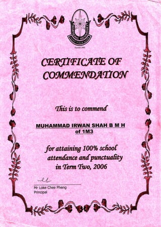 Certificate of Commendation Attendance 2006 Term 2