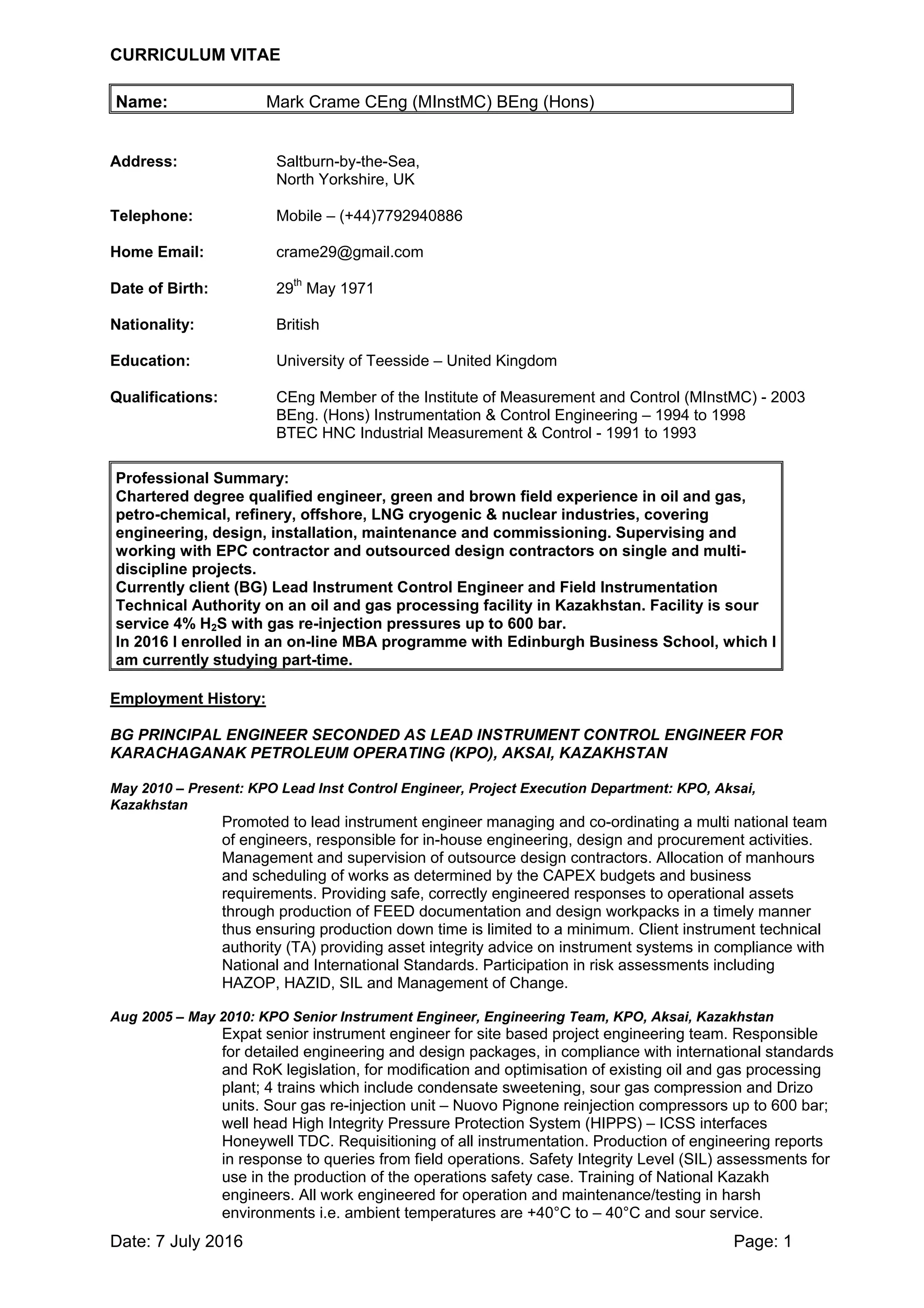 Mark Crame Lead Instrument Engineer CV | PDF | Civil Engineering ...