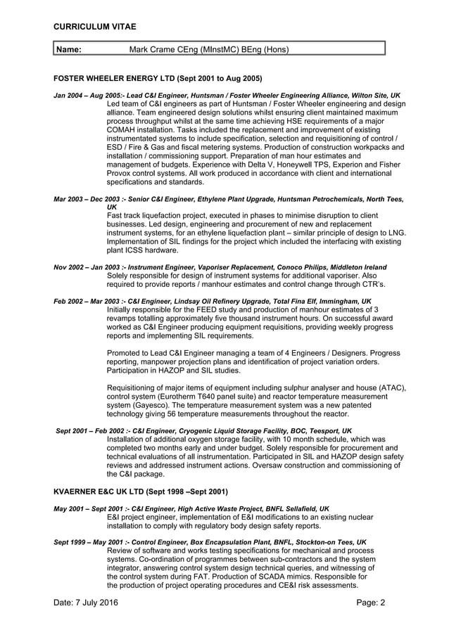 Mark Crame Lead Instrument Engineer CV | PDF | Civil Engineering ...