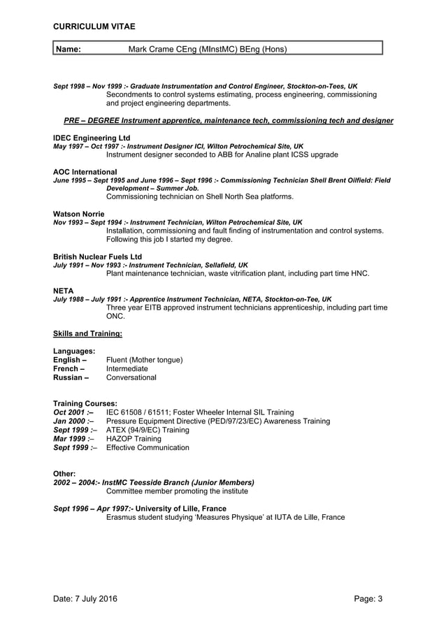Mark Crame Lead Instrument Engineer CV | PDF | Civil Engineering ...