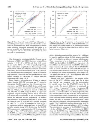 4388 E. Erfani and D. L. Mitchell: Developing and bounding m-D and A-D expressions
Figure 8. The m-D curve ﬁt based on SCPP and CPI data (for in-
dicated temperature regime) is compared with individual ice par-
ticle m-D measurements from SCPP, corresponding to ice particle
shapes originating from similar temperatures. The number of ice
particles sampled in each shape category is indicated. Also shown
are comparisons with two other studies that derived m-D power
laws from ice cloud ﬁeld data.
Also shown are the recently published m-D power law re-
lationships of C2013 and H2010 that were obtained from
synoptic (−60 ◦C < T < −20 ◦C) and from both synop-
tic and anvil (−60 ◦C < T < 0 ◦C) ice clouds, respectively.
These relationships are plotted over the size range used to
produce them. The C2013 relationship consists of two lines
and follows the curve ﬁt remarkably well for D > 100 µm,
with differences never exceeding 50 %. The H2010 relation-
ship consists of a single line and also approximates the curve
ﬁt well, except for D < 100 µm and D > 1000 µm where dif-
ferences can reach about 100 %.
Figure 9 shows a polynomial curve ﬁt based on mass es-
timates from the 2D-S (M7 processing) and CPI probes for
sizes greater than 200 µm and less than 100 µm, respectively.
Also shown are SCPP data in which the ice particle mea-
surements were binned into size intervals of 100 µm between
100 and 1000 µm, with subsequent intervals of 200, 200,
400, 600, 600, and 1000 µm (up to 4 mm) at larger sizes
to provide adequate sampling statistics. The σ within each
size interval was calculated for m and D as shown by the
vertical and horizontal red bars, respectively. The intersec-
tion point marks the mean value for m and D in each inter-
val. The m-D curve ﬁt for SPARTICUS synoptic ice clouds
for −40 ◦C < T ≤ −20 ◦C is extrapolated to 4 mm in Fig. 9
for comparison with the masses and sizes of these 827 ice
particles sampled during SCPP. In this way, the SPARTI-
CUS measurements roughly coincide with the temperatures
of origin of these SCPP cold-habit ice particles. Although
the BL2006 m-A expression was derived from a subset (865
ice particles) of the 3-year SCPP ﬁeld study (4869 ice parti-
Figure 9. Same as Fig. 8, except the m-D curve ﬁt is based
on SPARTICUS (2D-S and CPI) data and the SCPP ﬁeld data have
been grouped into size bins; shown are the standard deviations (σ)
in m and D for each size bin. Mean values for m and D are shown
by the intersection of the σ-bars.
cles), a detailed comparison of the subset of 827 cold-habit
ice particles used here and the BL2006 subset revealed that
only 17.5 % of the ice particles were common to both subsets.
Thus, a comparison of an m-D expression based on SPAR-
TICUS data (derived from the BL2006 m-A expression) with
the cold-habit m-D measurements from SCPP is still a mean-
ingful comparison. It is seen in Fig. 9 that the SPARTICUS
curve ﬁt is well within the σ values of SCPP mass for all
size intervals and is often close to the mean m values, except
for the largest size bin having a relatively small sample size.
The same is true for the C2013 m-D expression when it is
extended to larger ice particle sizes.
Getting still more quantitative, the percent differ-
ence of the SCPP cold-habit mean mass for a given
size interval was compared with the corresponding
ice particle mass from the SPARTICUS curve ﬁt. In
other words, the percent difference is calculated as
100 × (mSCPP − mSPARTICUS)/ (mSCPP + mSPARTICUS)/2
for each size bin (ﬁgure not shown). Percent differences are
less than 53 % in all size bins, and the mean percent differ-
ence for all size bins was 28 %. Note that percent difference
is calculated on the normal scale and not on the logarithmic
scale. Given the natural variability observed for ice particle
masses, this level of agreement is considered good. More-
over, the m-D expressions from two completely independent
studies, C2013 and H2010, conform closely to the SPARTI-
CUS curve ﬁt and the mean cold-habit (i.e., SCPP) m values.
The convergence in agreement of the SPARTICUS curve ﬁt
with the cold-habit SCPP m-D measurements, the C2013
study and the H2010 study suggest that the SPARTICUS
m-D curve ﬁt is a reasonable representation of ice particle
mass over the particle size range considered here. It uses the
Atmos. Chem. Phys., 16, 4379–4400, 2016 www.atmos-chem-phys.net/16/4379/2016/
 