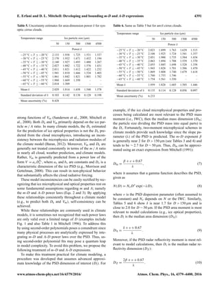 E. Erfani and D. L. Mitchell: Developing and bounding m-D and A-D expressions 4391
Table 5. Uncertainty estimates for area-dimension power δ for syn-
optic cirrus clouds.
Temperature range Ice particle size (µm)
50 150 500 1500 4500
Power δ
−25 ◦C < T ≤ −20 ◦C 2.133 1.938 1.725 1.531 1.337
−30 ◦C < T ≤ −25 ◦C 2.170 1.932 1.671 1.432 1.194
−35 ◦C < T ≤ −30 ◦C 2.140 1.927 1.693 1.480 1.267
−40 ◦C < T ≤ −35 ◦C 2.027 1.882 1.722 1.576 1.431
−45 ◦C < T ≤ −40 ◦C 2.011 1.821 1.612 1.422 1.232
−50 ◦C < T ≤ −45 ◦C 1.941 1.810 1.666 1.534 1.403
−55 ◦C < T ≤ −50 ◦C 1.861 1.842 1.821 1.801 1.782
−60 ◦C < T ≤ −55 ◦C 1.960 1.669 1.350 – –
−65 ◦C < T ≤ −60 ◦C 2.018 1.509 – – –
Mean δ 2.029 1.814 1.658 1.540 1.378
Standard deviation of δ 0.103 0.142 0.138 0.128 0.198
Mean uncertainty (%) 8.428
strong functions of Vm (Sanderson et al., 2008; Mitchell et
al., 2008). Both De and Vm primarily depend on the ice par-
ticle m / A ratio. In many climate models, the De estimated
for the prediction of ice optical properties is not the De pre-
dicted from the cloud microphysics, introducing an incon-
sistency between the microphysics and radiation modules of
the climate model (Baran, 2012). Moreover, Vm and De are
generally not treated consistently in terms of the m / A ratio
in nearly all cloud, weather prediction, and climate models.
Rather, Vm is generally predicted from a power law of the
form V = avDbv
o , where av and bv are constants and Do is a
characteristic dimension of the ice PSD (e.g., Morrison and
Gettelman, 2008). This can result in non-physical behavior
that substantially affects the cloud radiative forcing.
These model inconsistencies can be easily rectiﬁed by rec-
ognizing that ice microphysical and optical properties rest on
some fundamental assumptions regarding m and A; namely
the m-D and A-D power laws (Eqs. 2 and 3). By applying
these relationships consistently throughout a climate model
(e.g., to predict both De and Vm), self-consistency can be
achieved.
While these relationships are commonly used in climate
models, it is sometimes not recognized that such power laws
are only valid over a limited range of D (examples include
Fig. 1 and also Table 1 in Mitchell 1996). To address this
by using second-order polynomials poses a conundrum since
many physical processes are analytically expressed by inte-
grating m-D and A-D power laws over the PSD. Thus, us-
ing second-order polynomial ﬁts may pose a quantum leap
in model complexity. To avoid this problem, we propose the
following treatment of m-D and A-D expressions.
To make this treatment practical for climate modeling, a
procedure was developed that assumes advanced approxi-
mate knowledge of the PSD dimension of interest (Di). For
Table 6. Same as Table 5 but for anvil cirrus clouds.
Temperature range Ice particle size (µm)
50 150 500 1500 4500
Power δ
−25 ◦C < T ≤ −20 ◦C 2.023 1.899 1.763 1.639 1.515
−30 ◦C < T ≤ −25 ◦C 2.108 1.925 1.724 1.541 1.357
−35 ◦C < T ≤ −30 ◦C 2.051 1.900 1.735 1.584 1.434
−40 ◦C < T ≤ −35 ◦C 2.063 1.894 1.708 1.539 1.370
−45 ◦C < T ≤ −40 ◦C 2.055 1.885 1.698 1.528 1.358
−50 ◦C < T ≤ −45 ◦C 1.943 1.828 1.701 1.586 1.470
−55 ◦C < T ≤ −50 ◦C 1.869 1.808 1.740 1.679 1.618
−60 ◦C < T ≤ −55 ◦C 1.760 1.753 1.746 – –
−65 ◦C < T ≤ −60 ◦C 1.754 1.561 1.350 – –
Mean δ 1.959 1.828 1.685 1.585 1.446
Standard deviation of δ 0.135 0.114 0.128 0.056 0.097
Mean uncertainty (%) 6.233
example, if the ice cloud microphysical properties and pro-
cesses being calculated are most relevant to the PSD mass
moment (i.e., IWC), then the median mass dimension (Dm;
the particle size dividing the PSD mass into equal parts) is
the Di. Fortunately, two-moment microphysical schemes in
climate models provide such knowledge since the slope pa-
rameter (λ) of the PSD is predicted. The m-D exponent β
is generally near 2 for D > 150 µm (see Tables 3 and 4) and
tends to be ∼ 2.7 for D ∼ 50 µm. Thus, Dm can be approxi-
mated using an exact expression from Mitchell (1991):
Dm =
β + ν + 0.67
λ
, (7)
where it assumes that a gamma function describes the PSD,
given as
N(D) = NoDν
exp(−λD), (8)
where ν is the PSD dispersion parameter (often assumed to
be constant) and No depends on N or the IWC. Similarly,
Tables 5 and 6 show δ is near 1.7 for D > 150 µm and is
close to 2.0 for D ∼ 50 µm. If the PSD area moment is most
relevant to model calculations (e.g., ice optical properties),
then Di is the median area dimension (DA):
DA =
δ + ν + 0.67
λ
. (9)
Moreover, if the PSD radar reﬂectivity moment is most rel-
evant to model calculations, then Di is the median radar re-
ﬂectivity dimension (DZ):
DZ =
2β + ν + 0.67
λ
. (10)
www.atmos-chem-phys.net/16/4379/2016/ Atmos. Chem. Phys., 16, 4379–4400, 2016
 