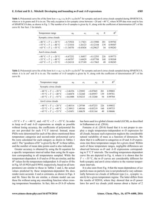 E. Erfani and D. L. Mitchell: Developing and bounding m-D and A-D expressions 4385
Table 1. Polynomial curve ﬁts of the form lnm = a0 +a1 lnD +a2(lnD)2 for synoptic and anvil cirrus clouds sampled during SPARTICUS,
where m is in grams and D is in cm. The only exception is for synoptic cirrus between −20 and −40 ◦C, where SCPP data were used in lieu
of SPARTICUS data, as shown in Fig. 3. The number of m-D samples is given by N, along with the coefﬁcient of determination (R2) of the
curve ﬁt. See Sect. 3 for details.
Temperature range a0 a1 a2 N R2
Synoptic cirrus clouds
−40 ◦C < T ≤ −20 ◦C −6.72924 1.17421 −0.15980 201 0.99702
−55 ◦C < T ≤ −40 ◦C −7.21010 1.26123 −0.12184 139 0.99507
−65 ◦C < T ≤ −55 ◦C −11.34570 −0.45436 −0.29627 54 0.99283
Anvil cirrus clouds
−40 ◦C < T ≤ −20 ◦C −6.67252 1.36857 −0.12293 226 0.99773
−55 ◦C < T ≤ −40 ◦C −6.44787 1.64429 −0.07788 160 0.98368
−65 ◦C < T ≤ −55 ◦C −9.24318 0.57189 −0.17865 49 0.98285
Table 2. Polynomial curve ﬁts of the form lnA = a0 +a1 lnD +a2(lnD)2 for synoptic and anvil cirrus clouds sampled during SPARTICUS,
where A is in cm2 and D is in cm. The number of A-D samples is given by N, along with the coefﬁcient of determination (R2) of the
curve ﬁt.
Temperature range a0 a1 a2 N R2
Synoptic cirrus clouds
−40 ◦C < T ≤ −20 ◦C −2.46356 1.25892 −0.07845 201 0.99803
−55 ◦C < T ≤ −40 ◦C −2.60478 1.32260 −0.05957 139 0.99781
−65 ◦C < T ≤ −55 ◦C −4.63488 0.54233 −0.13260 54 0.99784
Anvil cirrus clouds
−40 ◦C < T ≤ −20 ◦C −2.40314 1.29749 −0.07233 226 0.99852
−55 ◦C < T ≤ −40 ◦C −2.38913 1.40166 −0.05219 160 0.99753
−65 ◦C < T ≤ −55 ◦C −2.43451 1.60639 −0.01164 49 0.98606
−55 ◦C < T < −40 ◦C, and −65 ◦C < T < −55 ◦C. In order
to keep m-D and A-D expressions as simple as possible
without losing accuracy, the coefﬁcients of polynomial ﬁts
are not provided for each 5 ◦C T interval. Instead, mean
PSDs were determined for each of the above mentioned three
temperature categories and second-order polynomial curve
ﬁts were calculated for each category as shown in Tables 1
and 2. The “goodness of ﬁt” is given by the R2 in these tables,
and the number of mean data points used is also indicated.
Greater accuracy is obtained by using the ﬁt equation for
a speciﬁc temperature interval rather than using the ﬁt equa-
tion corresponding to all temperatures sampled. While the
temperature-dependent A-D and m-D ﬁts are similar, and the
R2 values for the temperature-independent A-D and m-D ﬁts
in Fig. S5 (0.9924 and 0.9954, respectively, based on all tem-
peratures) are similar to those in Tables 1 and 2, the actual
values predicted by these temperature-dependent ﬁts does
render more accurate A and m estimates, as shown in Figs. 4
and S6. Since the ﬁts are similar, a climate model can use
these ﬁts without using any smoothing function when cross-
ing temperature boundaries. In fact, this m-D/A-D scheme
has been used in a global climate model (GCM), as described
in Eidhammer et al. (2016).
Fontaine et al. (2014) found that it is not proper to em-
ploy a single temperature-independent m-D expression for
all clouds, because such expression neglects the considerable
natural variability of mass as a function of dimension. We
show that it is sufﬁcient to categorize m-D and A-D expres-
sions into three temperature ranges for a given cloud. Within
each of these temperature ranges, negligible differences are
observed between m-D and A-D expressions correspond-
ing to 5 ◦C T intervals. The resulting temperature-dependent
curve ﬁts are depicted in Fig. 4, where it is shown that for
T < −55 ◦C, the m-D curves are considerably different for
both synoptic and anvil cirrus relative to the warmer temper-
ature intervals.
It is also seen from Fig. 4 that the mean dependence of ice
particle mass on particle size is not predicted to vary substan-
tially between ice clouds of different type (i.e., synoptic vs.
anvil) for a given temperature regime. The latter differs from
the results of H2010, where they showed that m-D power
laws for anvil ice clouds yield masses about a factor of 2
www.atmos-chem-phys.net/16/4379/2016/ Atmos. Chem. Phys., 16, 4379–4400, 2016
 
