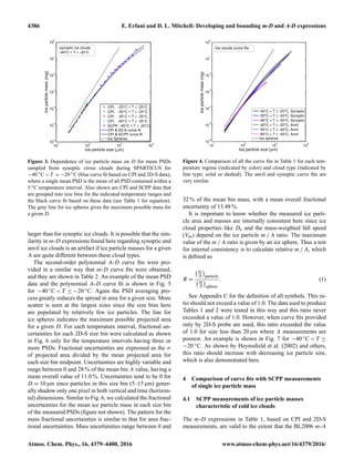 4386 E. Erfani and D. L. Mitchell: Developing and bounding m-D and A-D expressions
Figure 3. Dependence of ice particle mass on D for mean PSDs
sampled from synoptic cirrus clouds during SPARTICUS for
−40 ◦C < T = −20 ◦C (blue curve ﬁt based on CPI and 2D-S data),
where a single mean PSD is the mean of all PSD contained within a
5 ◦C temperature interval. Also shown are CPI and SCPP data that
are grouped into size bins for the indicated temperature ranges and
the black curve ﬁt based on these data (see Table 1 for equation).
The gray line for ice spheres gives the maximum possible mass for
a given D.
larger than for synoptic ice clouds. It is possible that the sim-
ilarity in m-D expressions found here regarding synoptic and
anvil ice clouds is an artifact if ice particle masses for a given
A are quite different between these cloud types.
The second-order polynomial A-D curve ﬁts were pro-
vided in a similar way that m-D curve ﬁts were obtained,
and they are shown in Table 2. An example of the mean PSD
data and the polynomial A-D curve ﬁt is shown in Fig. 5
for −40 ◦C < T ≤ −20 ◦C. Again the PSD averaging pro-
cess greatly reduces the spread in area for a given size. More
scatter is seen at the largest sizes since the size bins here
are populated by relatively few ice particles. The line for
ice spheres indicates the maximum possible projected area
for a given D. For each temperature interval, fractional un-
certainties for each 2D-S size bin were calculated as shown
in Fig. 6 only for the temperature intervals having three or
more PSDs. Fractional uncertainties are expressed as the σ
of projected area divided by the mean projected area for
each size bin midpoint. Uncertainties are highly variable and
range between 0 and 28 % of the mean bin A value, having a
mean overall value of 11.0 %. Uncertainties tend to be 0 for
D = 10 µm since particles in this size bin (5–15 µm) gener-
ally shadow only one pixel in both vertical and time (horizon-
tal) dimensions. Similar to Fig. 6, we calculated the fractional
uncertainties for the mean ice particle mass in each size bin
of the measured PSDs (ﬁgure not shown). The pattern for the
mass fractional uncertainties is similar to that for area frac-
tional uncertainties. Mass uncertainties range between 0 and
10
1
10
2
10
3
10
4
10
-6
10
-5
10
-4
10
-3
10
-2
10
-1
10
0
Ice particle size (µm)
Iceparticlemass(mg)
-40°C < T ≤ -20°C, Synoptic
-55°C < T ≤ -40°C, Synoptic
-65°C < T ≤ -55°C, Synoptic
-40°C < T ≤ -20°C, Anvil
-55°C < T ≤ -40°C, Anvil
-65°C < T ≤ -55°C, Anvil
Ice spheres
Ice clouds curve fits
Figure 4. Comparison of all the curve ﬁts in Table 1 for each tem-
perature regime (indicated by color) and cloud type (indicated by
line type; solid or dashed). The anvil and synoptic curve ﬁts are
very similar.
32 % of the mean bin mass, with a mean overall fractional
uncertainty of 13.48 %.
It is important to know whether the measured ice parti-
cle area and masses are internally consistent here since ice
cloud properties like De and the mass-weighted fall speed
(Vm) depend on the ice particle m / A ratio. The maximum
value of the m / A ratio is given by an ice sphere. Thus a test
for internal consistency is to calculate relative m / A, which
is deﬁned as
R =
m
A particle
m
A sphere
. (1)
See Appendix C for the deﬁnition of all symbols. This ra-
tio should not exceed a value of 1.0. The data used to produce
Tables 1 and 2 were tested in this way and this ratio never
exceeded a value of 1.0. However, when curve ﬁts provided
only by 2D-S probe are used, this ratio exceeded the value
of 1.0 for size less than 20 µm where A measurements are
poorest. An example is shown in Fig. 7 for −40 ◦C < T ≤
−20 ◦C. As shown by Heymsﬁeld et al. (2002) and others,
this ratio should increase with decreasing ice particle size,
which is also demonstrated here.
4 Comparison of curve ﬁts with SCPP measurements
of single ice particle mass
4.1 SCPP measurements of ice particle masses
characteristic of cold ice clouds
The m-D expressions in Table 1, based on CPI and 2D-S
measurements, are valid to the extent that the BL2006 m-A
Atmos. Chem. Phys., 16, 4379–4400, 2016 www.atmos-chem-phys.net/16/4379/2016/
 