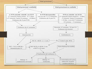 Edad gestacional
Edad gestacional confiable Edad gestacional no confiable
A: FUM conocida coincide con ECO B: FUM desconocida: FUM no coincide con ECO:
(1er
trimestre hasta semana 14: ±5 días, con eco de 1er
o 2º trimestre. (1er
trimestre hasta semana14: ±5 días,
o 2º trimestre hasta 24 semanas: ±10 días). Embarazo de 41 por US. 2º trimestre hasta 24 semanas:
Embarazo de 41 por FUM. ± 10 días, o eco de 3er
trimestre
>24 semanas: ±3 semanas)
Embarazo de 41 semanas Descartar 41 semanas. EG por US.
Embarazo de término.
Internación Ambulatorio
NST R + BUM > o = 2 cm Control cada 48 hs
NST + Vol LA (BUM) + NST NO R y/o BUM <2 cm Hasta Bishop favorable
biometría por US o RCIU o 42 sem:
Finalización del embarazo
Bishop <4: Bishop >4: Contraindicación para
maduración cervical oxitocina inducción al parto
cesárea electiva
 
