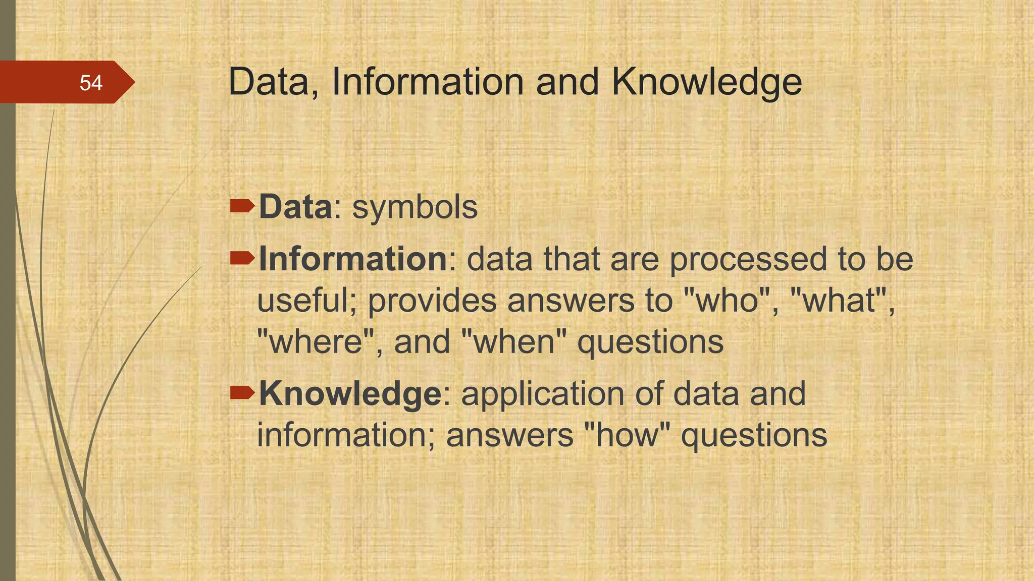 Data, Information and Knowledge
Data: symbols
Information: data that are processed to be
useful; provides answers to "who", "what",
"where", and "when" questions
Knowledge: application of data and
information; answers "how" questions
54
 