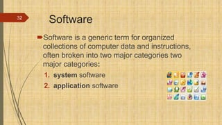 Software
Software is a generic term for organized
collections of computer data and instructions,
often broken into two major categories two
major categories:
1. system software
2. application software
32
 