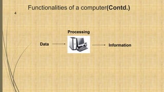 Functionalities of a computer(Contd.)
Data Information
Processing
4
 