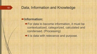 Data, Information and Knowledge
Information:
For data to become information, it must be
contextualized, categorized, calculated and
condensed. (Processing)
it is data with relevance and purpose.
52
 