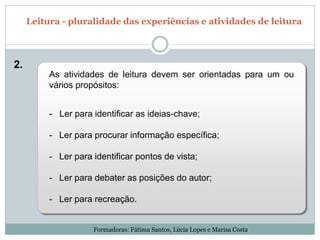As atividades de leitura devem ser orientadas para um ou
vários propósitos:
- Ler para identificar as ideias-chave;
- Ler para procurar informação específica;
- Ler para identificar pontos de vista;
- Ler para debater as posições do autor;
- Ler para recreação.
2.
Leitura - pluralidade das experiências e atividades de leitura
Formadoras: Fátima Santos, Lúcia Lopes e Marisa Costa
 
