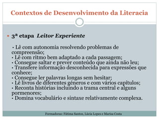 Contextos de Desenvolvimento da Literacia
 3ª etapa Leitor Experiente
· Lê com autonomia resolvendo problemas de
compreensão;
· Lê com ritmo bem adaptado a cada passagem;
· Consegue saltar e prever conteúdo que ainda não leu;
· Transfere informação desconhecida para expressões que
conhece;
· Consegue ler palavras longas sem hesitar;
· Lê livros de diferentes géneros e com vários capítulos;
· Reconta histórias incluindo a trama central e alguns
pormenores;
· Domina vocabulário e sintaxe relativamente complexa.
Formadoras: Fátima Santos, Lúcia Lopes e Marisa Costa
 