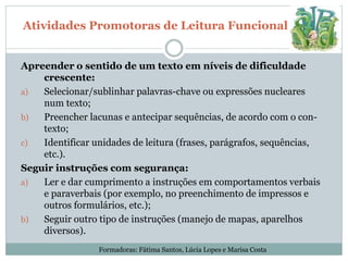 Atividades Promotoras de Leitura Funcional
Apreender o sentido de um texto em níveis de dificuldade
crescente:
a) Selecionar/sublinhar palavras-chave ou expressões nucleares
num texto;
b) Preencher lacunas e antecipar sequências, de acordo com o con-
texto;
c) Identificar unidades de leitura (frases, parágrafos, sequências,
etc.).
Seguir instruções com segurança:
a) Ler e dar cumprimento a instruções em comportamentos verbais
e paraverbais (por exemplo, no preenchimento de impressos e
outros formulários, etc.);
b) Seguir outro tipo de instruções (manejo de mapas, aparelhos
diversos).
Formadoras: Fátima Santos, Lúcia Lopes e Marisa Costa
 
