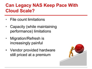 Can Legacy NAS Keep Pace With
Cloud Scale?
• File count limitations
• Capacity (while maintaining
performance) limitations
• Migration/Refresh is
increasingly painful
• Vendor provided hardware
still priced at a premium
 