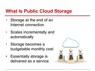 What Is Public Cloud Storage
• Storage at the end of an
Internet connection
• Scales incrementally and
automatically
• Storage becomes a
budgetable monthly cost
• Essentially storage is
delivered as a service
 