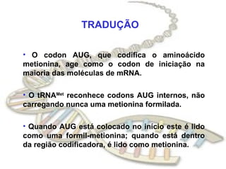 TRADUÇÃO

• O codon AUG, que codifica o aminoácido
metionina, age como o codon de iniciação na
maioria das moléculas de mRNA.

• O tRNAMet reconhece codons AUG internos, não
carregando nunca uma metionina formilada.

• Quando AUG está colocado no início este é lido
como uma formil-metionina; quando está dentro
da região codificadora, é lido como metionina.
 