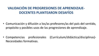 VALIDACIÓN DE PROGRESIONES DE APRENDIZAJE-
DOCENTES PLANTEARON DESAFÍOS
• Comunicación y difusión a los/as profesores/as del país del sentido,
propósito y posibles usos de las progresiones de aprendizaje.
• Competencias profesionales (Currículum/didáctica/disciplinas)-
Necesidades formativas.
 