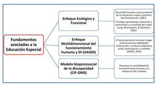 Fundamentos
asociados a la
Educación Especial
Enfoque Ecológico y
Funcional
Desarrollo humano como producto
de la interacción sujeto-contextos
Bronfrenbrenner (1987).
Privilegia aprendizajes relevantes y
pertinentes a la realidad del sujeto
(Jong, Raemaekers, & Zambone,
2002).
Enfoque
Multidimensional del
funcionamiento
humano y DI (AAIDD)
El funcionamiento humano integra
dinámicamente habilidades
intelectuales, conducta adaptativa,
salud, participación y contexto
(AAIDD, 2010)
Modelo biopsicosocial
de la discapacidad
(CIF-OMS)
Reconoce la variabilidad del
funcionamiento humano y la
relevancia del contexto
 