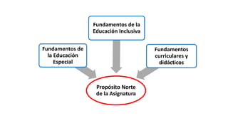 Propósito Norte
de la Asignatura
Fundamentos de
la Educación
Especial
Fundamentos de la
Educación Inclusiva
Fundamentos
curriculares y
didácticos
 
