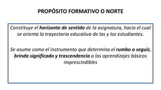PROPÓSITO FORMATIVO O NORTE
Constituye el horizonte de sentido de la asignatura, hacia el cual
se orienta la trayectoria educativa de las y los estudiantes.
Se asume como el instrumento que determina el rumbo a seguir,
brinda significado y trascendencia a los aprendizajes básicos
imprescindibles
 