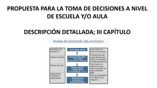 PROPUESTA PARA LA TOMA DE DECISIONES A NIVEL
DE ESCUELA Y/O AULA
DESCRIPCIÓN DETALLADA; III CAPÍTULO
 