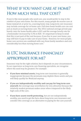 10
What if you want care at home?
How much will that cost?
If you’re like most people who need care, you would prefer to stay in the
comfort of your own home. For this reason, many people do receive care at
home instead of, or prior to, a nursing home stay. Long term care insurance
may include coverage for at-home care. Full-time home health care can cost
just as much as nursing home care. The 2012 national average private-pay
hourly rates for home health aides is $21 and the average hourly rate for
a homemaker increased by 5.3% to $20. It’s important to keep in mind
that this is just part of the cost because, if you live in your own home, you
may still have to pay to take care of your home. However, for most people,
home care services are combined with care from family members and cost
considerably less than nursing home care.7
Is LTC Insurance financially
appropriate for me?
Insurance may be the right solution, but it depends on your circumstances.
In our experience as long term care financing specialists, we recognize
where the need may be greatest. For example:
•	 If you have minimal assets, long term care insurance is generally
inappropriate because the premiums may deplete those assets and you
will likely qualify for Medicaid anyway.
•	 If you are independently wealthy and can pay for long term care
yourself, the coverage may nevertheless be very attractive because the
relatively modest premium makes sense when compared to the likely
high costs of the care.
•	 If you have assets worth protecting, but are not independently
wealthy, you need to get the facts about long term care insurance and
consider this coverage as an alternative to paying for the care yourself.
 