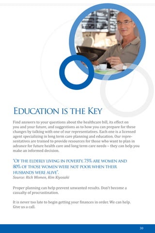 30
Education is the Key
Find answers to your questions about the healthcare bill, its effect on
you and your future, and suggestions as to how you can prepare for these
changes by talking with one of our representatives. Each one is a licensed
agent specializing in long term care planning and education. Our repre-
sentatives are trained to provide resources for those who want to plan in
advance for future health care and long term care needs – they can help you
make an informed decision.
“Of the elderly living in poverty, 75% are women and
80% of those women were not poor when their
husbands were alive”.
Source: Rich Women, Kim Kiyosaki
Proper planning can help prevent unwanted results. Don’t become a
casualty of procrastination.
It is never too late to begin getting your finances in order. We can help.
Give us a call.
 