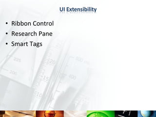 • Ribbon Control
• Research Pane
• Smart Tags
 