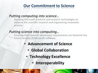 Putting computing into science…
   Applying Microsoft products and research technologies to
   advance the scientific research and engineering innovation
   process

Putting science into computing…
   Ensuring that research community requirements are factored into
   future versions of Microsoft software

            • Advancement of Science
              • Global Collaboration
             • Technology Excellence
                • Interoperability
 