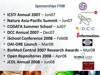 •   ICSTI Annual 2007 – Jun07
•   Nature Asia-Pacific Summit – Jun07
•   CODATA Summer School – Jul07
•   DCC Annual 2007 – Dec07
•   iSchool Conference 2008 – Feb08
•   OAI-ORE Launch – Mar08
•   BioMed Central 2007 Research Awards – Mar08
•   Open Repositories 2008 – Apr08
•   JCDL Annual 2008 – Jun08
 