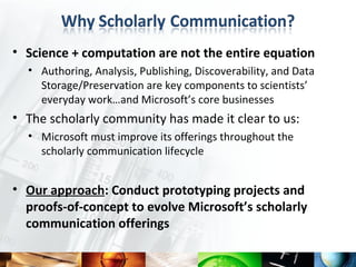 • Science + computation are not the entire equation
  • Authoring, Analysis, Publishing, Discoverability, and Data
    Storage/Preservation are key components to scientists’
    everyday work…and Microsoft’s core businesses
• The scholarly community has made it clear to us:
  • Microsoft must improve its offerings throughout the
    scholarly communication lifecycle


• Our approach: Conduct prototyping projects and
  proofs-of-concept to evolve Microsoft’s scholarly
  communication offerings
 