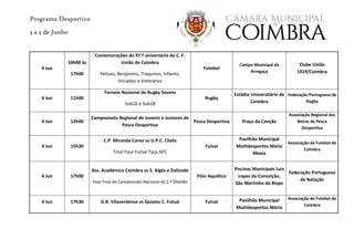Programa Desportivo
3 a 5 de Junho
4 Jun
10h00 às
17h00
Comemorações do 97.º aniversário do C. F.
União de Coimbra
Petizes, Benjamins, Traquinas, Infantis,
Iniciados e Veteranos
Futebol
Campo Municipal da
Arregaça
Clube União
1919/Coimbra
4 Jun 11h00
Torneio Nacional de Rugby Sevens
Sub16 e Sub18
Rugby
Estádio Universitário de
Coimbra
Federação Portuguesa de
Rugby
4 Jun 12h00
Campeonato Regional de Juvenis e Juniores de
Pesca Desportiva
Pesca Desportiva Praça da Canção
Associação Regional das
Beiras de Pesca
Desportiva
4 Jun 15h30
C.P. Miranda Corvo vs U.P.C. Chelo
Final Four Futsal Taça AFC
Futsal
Pavilhão Municipal
Multidesportos Mário
Mexia
Associação de Futebol de
Coimbra
4 Jun 17h00
Ass. Académica Coimbra vs S. Algés e Dafundo
Fase Final do Campeonato Nacional da 2.ª Divisão
Pólo Aquático
Piscinas Municipais Luis
Lopes da Conceição,
São Martinho do Bispo
Federação Portuguesa
de Natação
4 Jun 17h30 G.R. Vilaverdense vs Quiaios C. Futsal Futsal Pavilhão Municipal
Multidesportos Mário
Associação de Futebol de
Coimbra
 