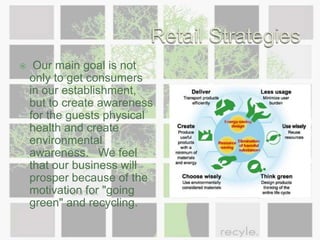 Retail StrategiesOur main theme that will occur throughout the entire bar will be "green.” We will attain this by our sustainable and all organic products, food, and beverages. This is where lifestyle retailing comes into action. Because we are environmentally conscious and provide environmentally safe products, this in turn will encourage consumers with the same mindset of going green. 