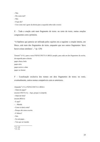 - Não.
- Diz come mel?
- Não.
- O que diz?
- Urso come mel. (gesto da direita para a esquerda sobre todo o texto)

E – Toda a oração está num fragmento do texto: no resto do texto, outras orações
congruentes com a primeira.
“A hipótese que parecia ser utilizada pelos sujeitos era a seguinte: a oração inteira, em
bloco, está num dos fragmentos do texto, enquanto que nos outros fragmentos ‘deve
haver coisas similares’...” (p. 129)
Ximena24 (4 A.), para o texto PAPAI CHUTA A BOLA propõe, para cada um dos fragmentos de escrita,
da esquerda para a direita:
papai chuta a bola
papai sério
papai escreve a data
papai vai dormir

F – Localização exclusiva dos nomes em dois fragmentos do texto; no resto,
eventualmente, outros nomes compatíveis com os anteriores.
Alejandra25 (5 A.) PAPAI CHUTA A BOLA
- Onde diz papai?
(mostra CHUTA A). - Aqui, porque é comprido.
- Onde diz bola?
(mostra BOLA)
- E aqui?
- ... Mamãe.
- Como te deste conta?
- Porque não estava escrito.
- E faltava?
- Sim.
- Se está papai...
- Tem que ser mamãe.
24
25

P. 129
P. 131

25

 