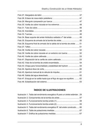 Diseño y Construcción de un Ariete Hidráulico
8
Foto 27. Alargadera de latón ....................................................................... 47
Foto 28. Enlace de rosca latón polietileno ................................................... 47
Foto 29. Manguito compresión por tuerca ................................................... 47
Foto 30. Varilla de cobre roscada en los extremos...................................... 48
Foto 31. Tubo de cobre................................................................................ 48
Foto 32. Arandelas....................................................................................... 48
Foto 33. Tuercas.......................................................................................... 48
Foto 34. Base soporte del ariete hidráulico soldada a T del ariete .............. 49
Foto 35. Esquema de armado de la bomba de ariete.................................. 50
Foto 36. Esquema final de armado de la salida de la bomba de ariete ....... 51
Foto 37. Teflón............................................................................................. 51
Foto 38. Varilla de cobre roscada ................................................................ 52
Foto 39. Varilla de cobre roscada en un extremo con tuerca....................... 52
Foto 40. Varilla de cobre calibrada .............................................................. 53
Foto 41. Disposición de la varilla de cobre calibrada................................... 53
Foto 42. Vista de la bomba de ariete ensamblada....................................... 54
Foto 43. Chapa para horizontalidad y estabilidad del hydram. .................... 54
Foto 44. Apertura llave de corte................................................................... 60
Foto 45. Apertura manual de la válvula de impulso ..................................... 61
Foto 46. Salida del agua desechado............................................................ 62
Foto 47. Empuje en la varilla hasta que el flujo de agua se equilibre. ......... 62
Foto 48. Estabilización del sistema.............................................................. 63
ÍNDICE DE ILUSTRACIONES
Ilustración 1. Tabla del rendimiento energético R para un ariete estándar .. 29
Ilustración 2. Componentes de la bomba de ariete...................................... 57
Ilustración 3. Funcionamiento bomba ariete (1)........................................... 58
Ilustración 4. Funcionamiento bomba ariete (2)........................................... 59
Ilustración 5. Tabla del rendimiento energético R´ del ariete construido...... 66
Ilustración 6. Tabla de pulsaciones medidas ............................................... 67
Ilustración 7. Gráfica de pulsaciones medidas............................................. 67
 