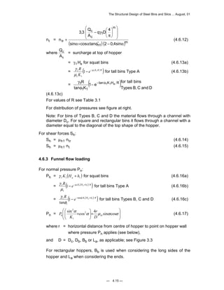 The Structural Design of Steel Bins and Silos ... August, 01 
 
3,3 Q 
c 
q D 4 
A 
 
  
 
  
 
 
 
 
π 
 
− γ 
+ (4.6.12) 
nt = ( )( )m 
γ − − for tall bins Type A (4.6.13b) 
R tan K H R 
1 1 
γ 
1 − − φ1 1 a 
φ 
γ for tall bins Type A (4.6.16b) 
γ for tall bins Types B, C and D (4.6.16c) 
 
 
sin α +cos α 4 μ sinα cosα 
P (4.6.17) 
— 4.15 — 
h1 
m 
1 
c 
tr 
sin cos tan 2 0,4sin 
n 
α+ α φ′ − α 
where Q 
A 
c 
c 
= surcharge at top of hopper 
= γ1Ha for squat bins (4.6.13a) 
= ( e K H R ) 
R 1 1 1 
1 1 
1 μ 
μ 
K 
( for tall bins 
= 1 e 
) Types B, C and D 
tan K 
(4.6.13c) 
For values of R see Table 3.1 
For distribution of pressures see figure at right. 
Note: For bins of Types B, C and D the material flows through a channel with 
diameter Dc. For square and rectangular bins it flows through a channel with a 
diameter equal to the diagonal of the top shape of the hopper. 
For shear forces Sh: 
Sh = μh1 ntr (4.6.14) 
Sh = μh1 nt (4.6.15) 
4.6.3 Funnel flow loading 
For normal pressure Pn: 
Ph = ( )1 1 1 K H h a γ + for squat bins (4.6.16a) 
= R( e K (Ha h ) R ) 1 1 1 1 
1 − −μ + 
μ 
1 
= R ( e K (Ha h ) R ) tan 1 1 1 
1 1 
tan 
1 
− − φ + 
φ 
 
 
2 
Pn =   
 
  
h D h 
 
+   
  
1 
2 
1 
r 
K 
where r = horizontal distance from centre of hopper to point on hopper wall 
where pressure Pn applies (see below), 
and D = Dc, Db, Bb or La, as applicable; see Figure 3.3 
For rectangular hoppers, Bb is used when considering the long sides of the 
hopper and La when considering the ends. 
 