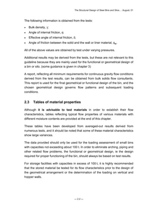 The Structural Design of Steel Bins and Silos ... August, 01 
The following information is obtained from the tests: 
• Bulk density, γ; 
• Angle of internal friction, φ; 
• Effective angle of internal friction, δ; 
• Angle of friction between the solid and the wall or liner material, φw. 
All of the above values are obtained by test under varying pressures. 
Additional results may be derived from the tests, but these are not relevant to this 
guideline because they are mainly used for the functional or geometrical design of 
a bin or silo. (some guidance is given in chapter 3) 
A report, reflecting all minimum requirements for continuous gravity flow conditions 
derived from the test results, can be obtained from bulk solids flow consultants. 
This report is used for the final geometrical or functional design of the bin, and the 
chosen geometrical design governs flow patterns and subsequent loading 
conditions. 
2.3 Tables of material properties 
Although it is advisable to test materials in order to establish their flow 
characteristics, tables reflecting typical flow properties of various materials with 
different moisture contents are provided at the end of this chapter. 
These tables have been developed from averaged-out results derived from 
numerous tests, and it should be noted that some of these material characteristics 
show large variances. 
The data provided should only be used for the loading assessment of small bins 
with capacities not exceeding about 100 t. In order to eliminate arching, piping and 
other related flow problems, the functional or geometrical design, ie the design 
required for proper functioning of the bin, should always be based on test results. 
For storage facilities with capacities in excess of 100 t, it is highly recommended 
that the stored material be tested for its flow characteristics prior to the design of 
the geometrical arrangement or the determination of the loading on vertical and 
hopper walls. 
— 2.2 — 
 
