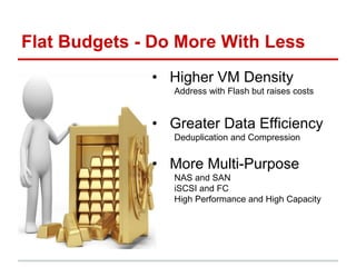 Flat Budgets - Do More With Less
• Higher VM Density
Address with Flash but raises costs
• Greater Data Efficiency
Deduplication and Compression
• More Multi-Purpose
NAS and SAN
iSCSI and FC
High Performance and High Capacity
 