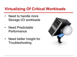 Virtualizing Of Critical Workloads
• Need to handle more
Storage I/O workloads
• Need Predictable
Performance
• Need better Insight for
Troubleshooting
 