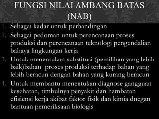 FUNGSI NILAI AMBANG BATAS
(NAB)
1. Sebagai kadar untuk perbandingan
2. Sebagai pedoman untuk perencanaan proses
produksi dan perencanaan teknologi pengendalian
bahaya lingkungan kerja
3. Untuk menentukan substitusi (pemilihan yang lebih
baik)bahan proses produksi terhadap bahan yang
lebih beracun dengan bahan yang kurang beracun
4. Untuk membantu menentukan diagnose gangguan
kesehatan, timbulnya penyakit dan hambatan
efisiensi kerja akibat faktor fisik dan kimia dnegan
bantuan pemeriksaan biologis
 