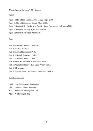 5
List of Figures, Plates and Abbreviations
Figures
Figure 1: Map of Sub-Saharan Africa, Google Maps (2014)
Figure 2: Map of Livingstone, Google Maps (2014)
Figure 3: Graph of Net Enrolment in Zambia, World Development Indicators (2013)
Figure 4: Graph of Teaching Styles by Volunteers
Figure 5: Graph of ‘Favoured Punishments’
Plates
Plate 1: Nakatindi’s Grade 5 Classroom
Plate 2: Zambian Textbook
Plate 3: Corporal Punishment Poster
Plate 4: Nakatindi Community School
Plate 5: Nakatindi’s Grade 5 Class
Plate 6: Motto for Nakatinidi Community School
Plate 7: Afterschool literacy class, Linda Primary school
Plate 8: Mr Mwanda
Plate 9: Afterschool art class, Mwandi Community School
List of Abbreviations
NGO Non-Governmental Organisation
UPE Universal Primary Education
MDG Millennium Development Goal
NER Net Enrolment Rate
 