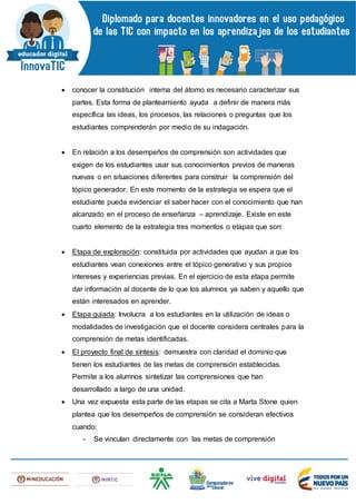  conocer la constitución interna del átomo es necesario caracterizar sus
partes. Esta forma de planteamiento ayuda a definir de manera más
específica las ideas, los procesos, las relaciones o preguntas que los
estudiantes comprenderán por medio de su indagación.
 En relación a los desempeños de comprensión son actividades que
exigen de los estudiantes usar sus conocimientos previos de maneras
nuevas o en situaciones diferentes para construir la comprensión del
tópico generador. En este momento de la estrategia se espera que el
estudiante pueda evidenciar el saber hacer con el conocimiento que han
alcanzado en el proceso de enseñanza – aprendizaje. Existe en este
cuarto elemento de la estrategia tres momentos o etapas que son:
 Etapa de exploración: constituida por actividades que ayudan a que los
estudiantes vean conexiones entre el tópico generativo y sus propios
intereses y experiencias previas. En el ejercicio de esta etapa permite
dar información al docente de lo que los alumnos ya saben y aquello que
están interesados en aprender.
 Etapa guiada: Involucra a los estudiantes en la utilización de ideas o
modalidades de investigación que el docente considera centrales para la
comprensión de metas identificadas.
 El proyecto final de síntesis: demuestra con claridad el dominio que
tienen los estudiantes de las metas de comprensión establecidas.
Permite a los alumnos sintetizar las comprensiones que han
desarrollado a largo de una unidad.
 Una vez expuesta esta parte de las etapas se cita a Marta Stone quien
plantea que los desempeños de comprensión se consideran efectivos
cuando:
- Se vinculan directamente con las metas de comprensión
 