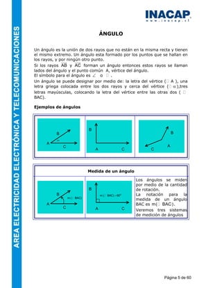 ÁNGULO


Un ángulo es la unión de dos rayos que no están en la misma recta y tienen
el mismo extremo. Un ángulo esta formado por los puntos que se hallan en
los rayos, y porrningún otro punto.
              uuu    uuur
Si los rayos AB y AC forman un ángulo entonces estos rayos se llaman
lados del ángulo y el punto común A, vértice del ángulo.
El símbolo para el ángulo es ∠ o     .
Un ángulo se puede designar por medio de: la letra del vértice ( A ), una
letra griega colocada entre los dos rayos y cerca del vértice ( α ),tres
letras mayúsculas, colocando la letra del vértice entre las otras dos (
BAC).

Ejemplos de ángulos




                               B
          B                                                                    B
           α
      A
               C                                                           A
                                   A                     C          C




                               Medida de un ángulo

                                                             Los ángulos se miden
                                                             por medio de la cantidad
                               B                             de rotación.
          B                            m(   BAC) = 90O       La notación para la
                   m(   BAC)
                                                             medida de un ángulo
      A                                                      BAC es m( BAC ) .
               C                   A                     C   Veremos tres sistemas
                                                             de medición de ángulos




                                                                          Página 5 de 60
 